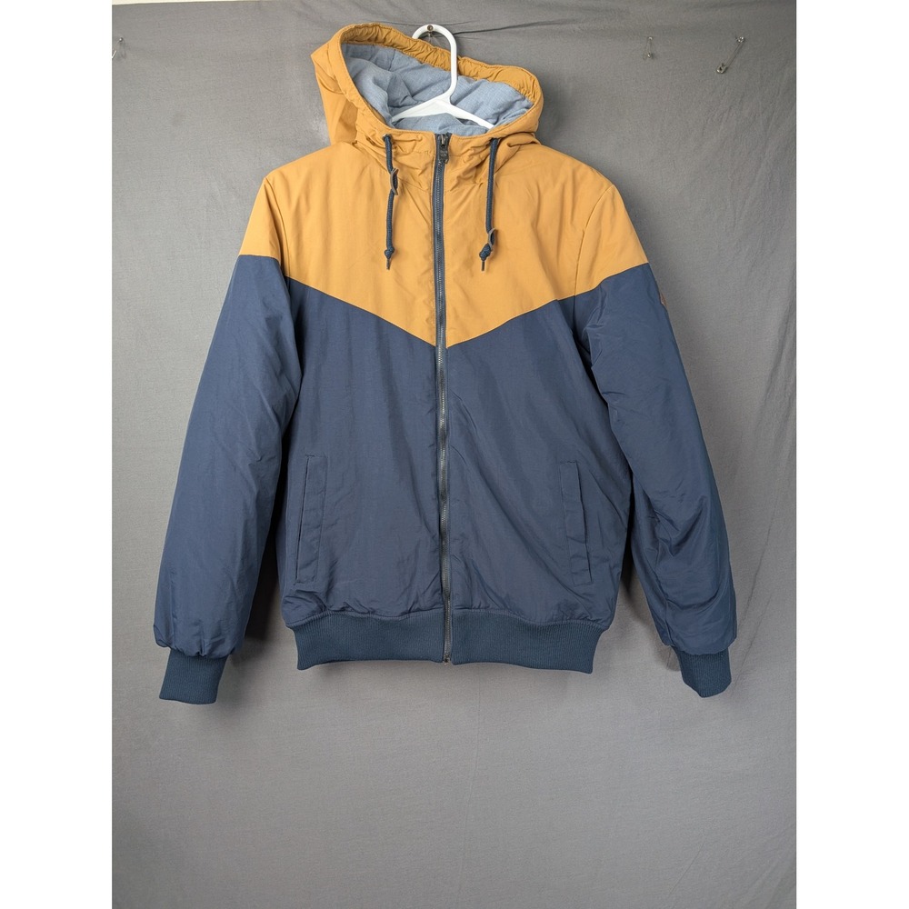 FSBN Mens Colorblock Hooded Puffer Jacket Navy Blue Gold Size S